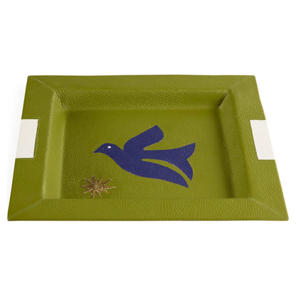 Leder-Tablett in Grün mit blauem Vogel und Goldstern