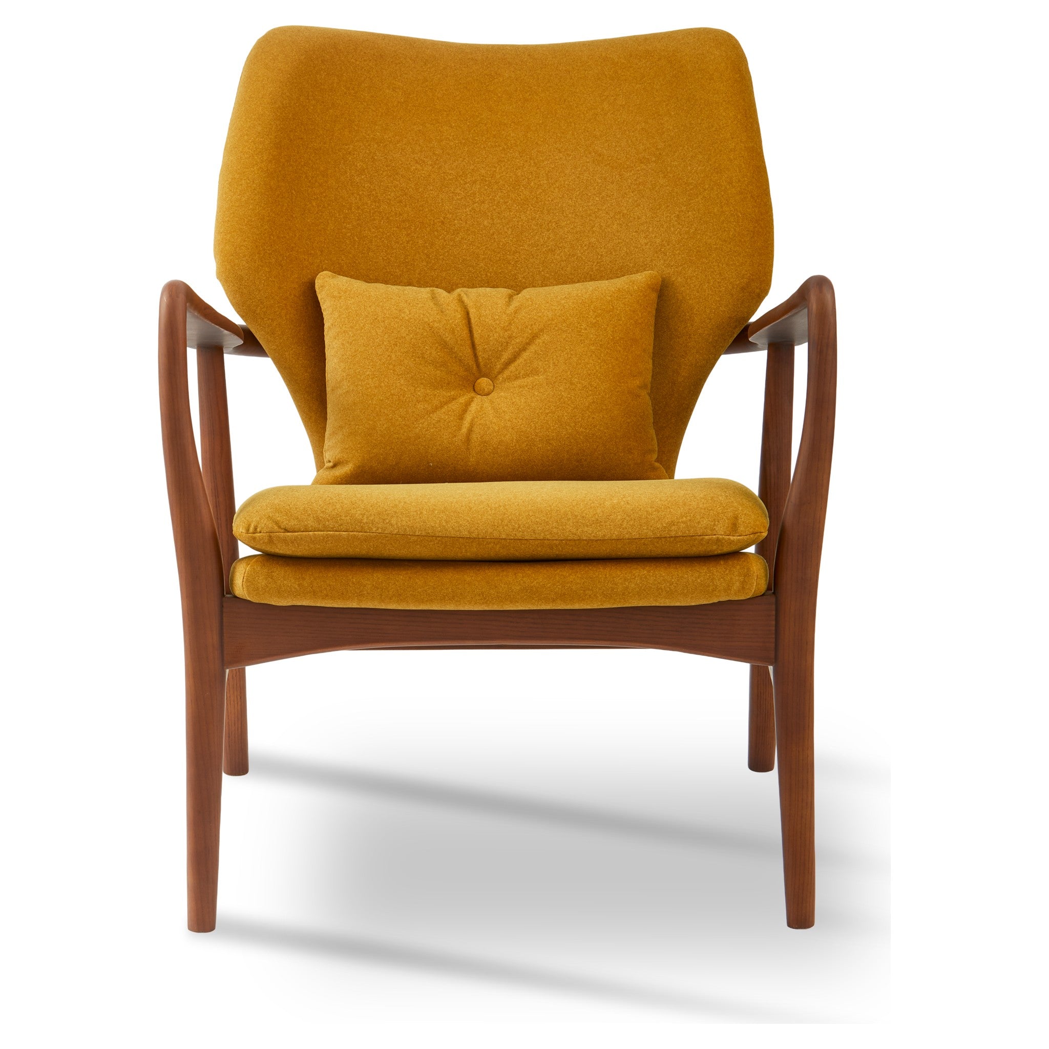 Gelber Sessel mit geschwungener Form und Holzgestell