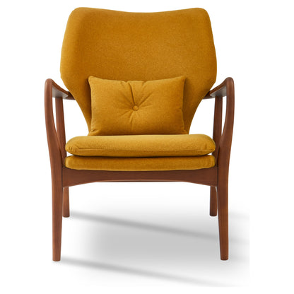 Gelber Sessel mit geschwungener Form und Holzgestell