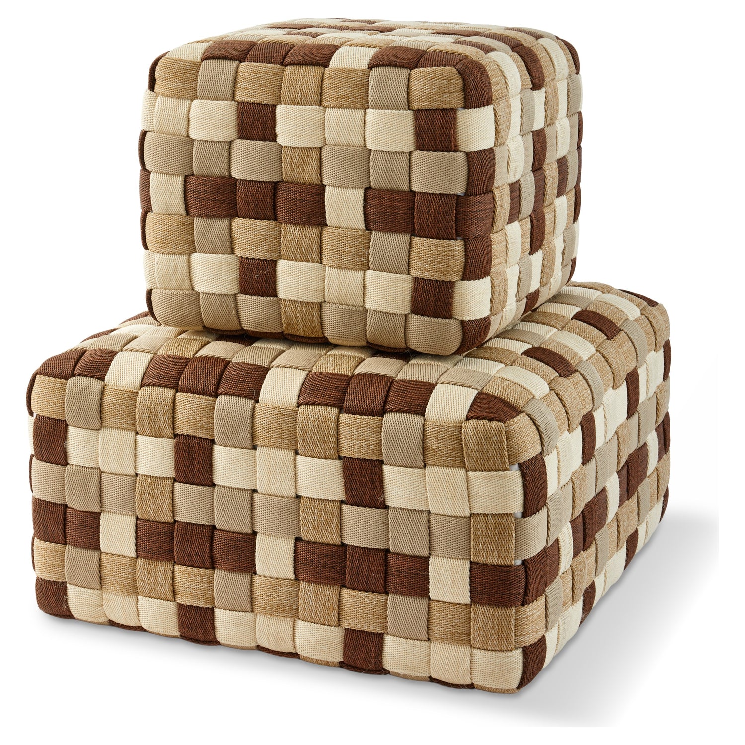 Geflochtener Design-Pouf in natürlichen Beige- und Brauntönen
