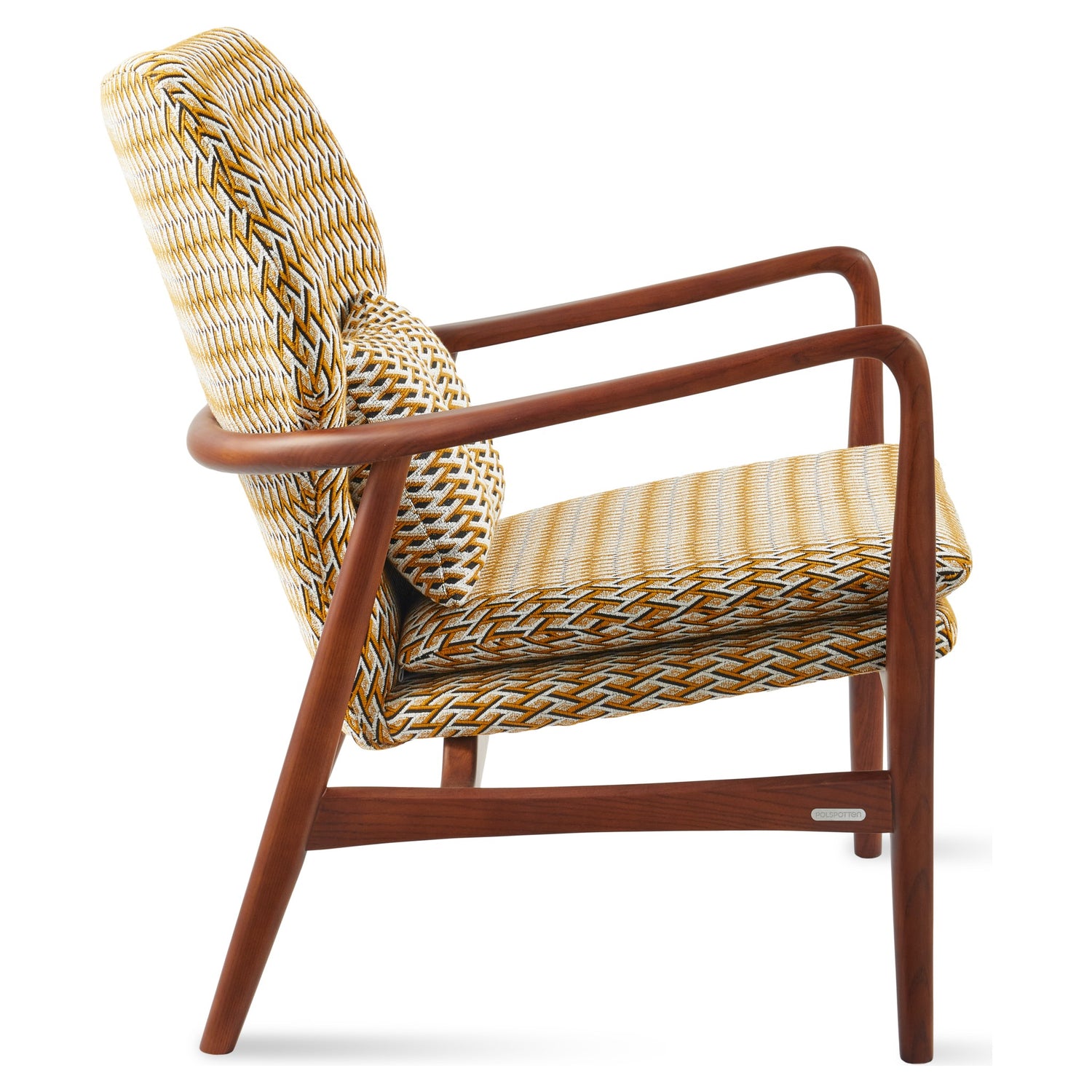 Retro-inspirierter Sessel mit Holzbasis und strukturiertem Musterstoff