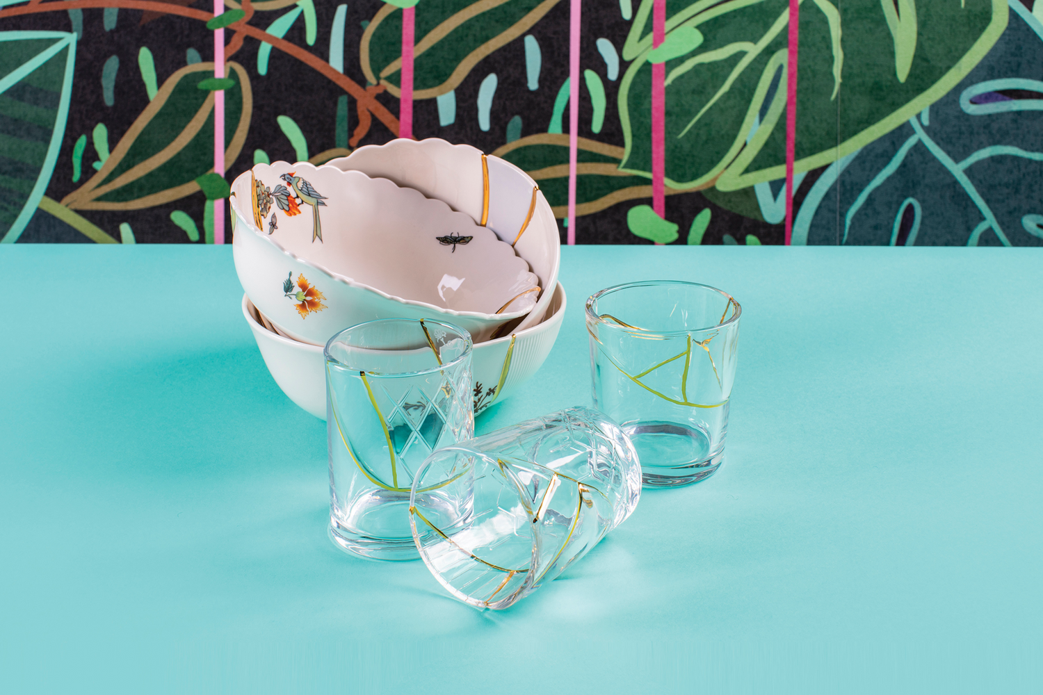 Design Salatschüssel und Trinkgläser Kintsugi für elegantes Tischambiente