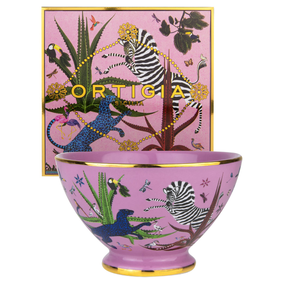 Pinke Keramikschale mit exotischem Jungle-Motiv von Ortigia Sicilia