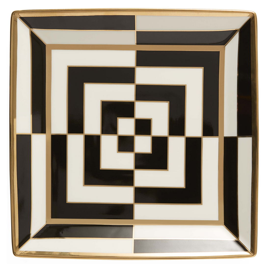 Quadratisches Serviertablett mit Op-Art-Muster in Schwarz-Weiß.