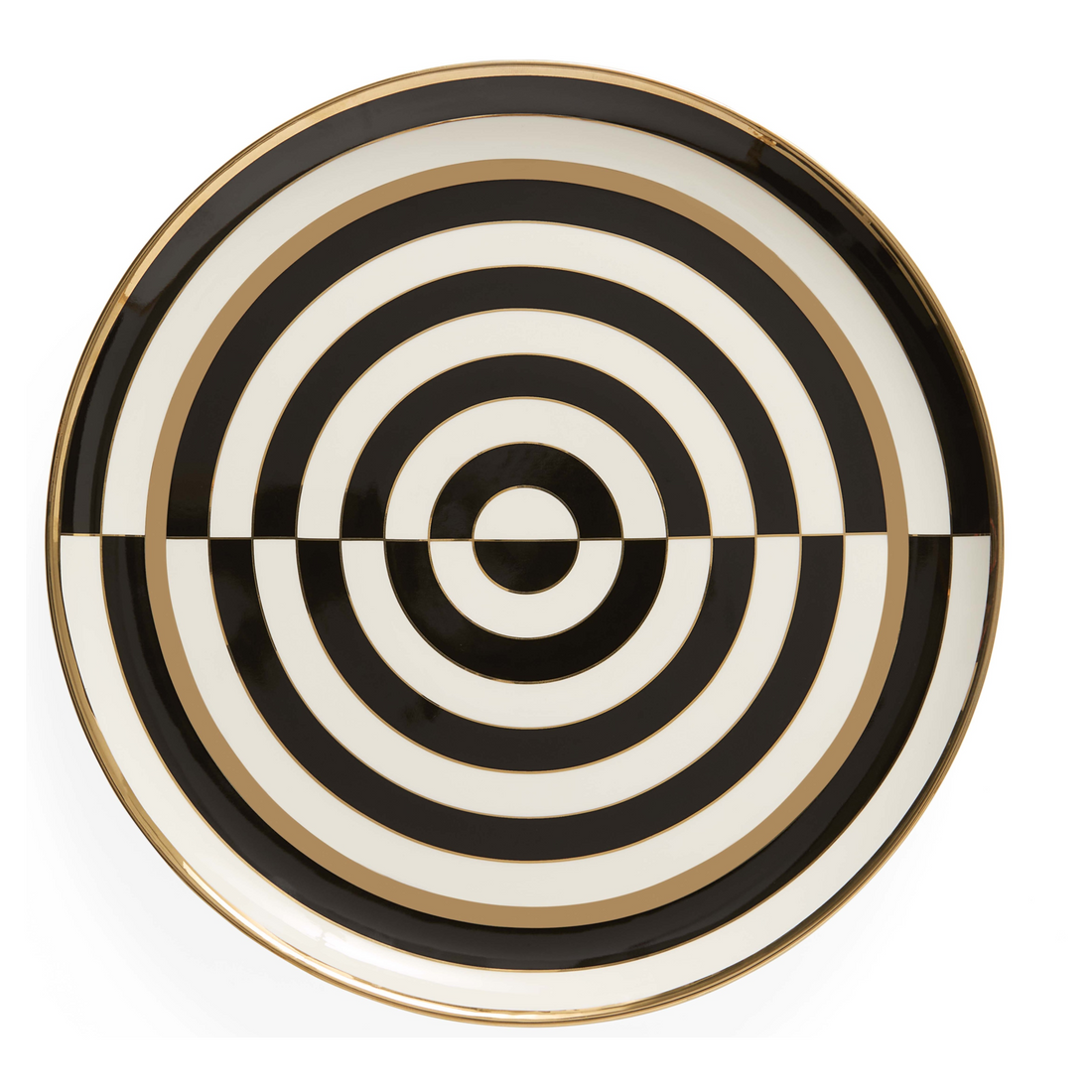 Rundes Serviertablett mit schwarz-weißem Op-Art-Muster und goldenen Akzenten.