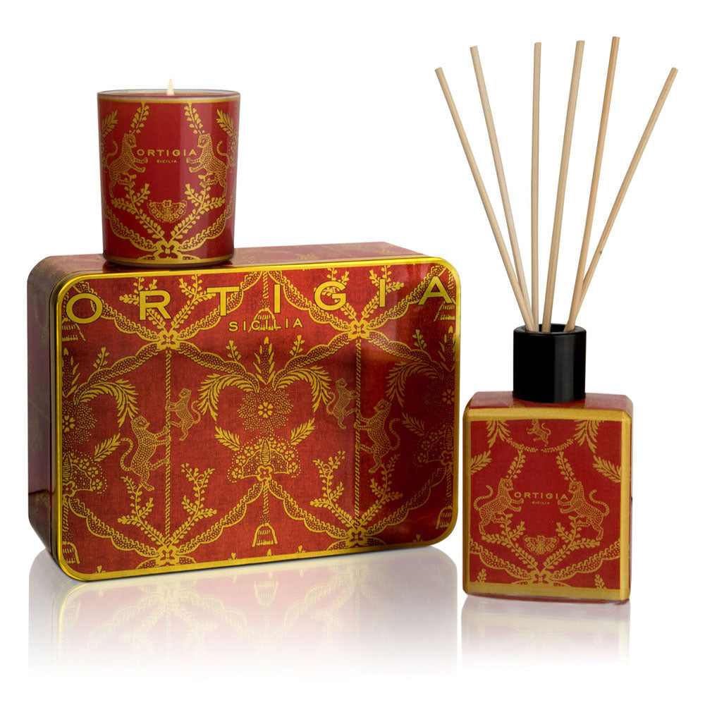 Set mit Kerze, Duft, Diffusor, in Rot/Gold