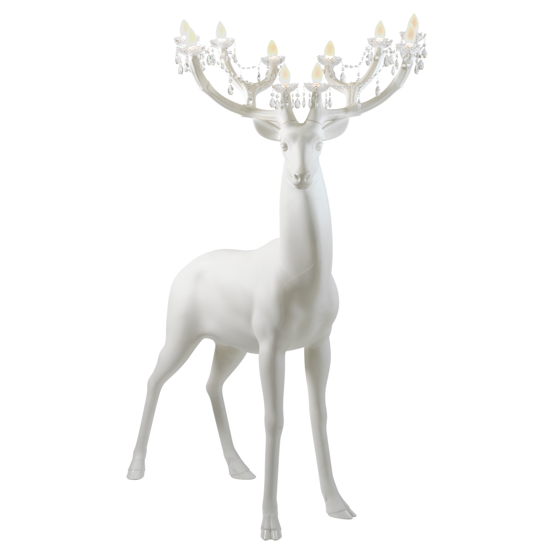 Weiße SHERWOOD Stehleuchte mit filigranem Geweih und Kristallpendeln