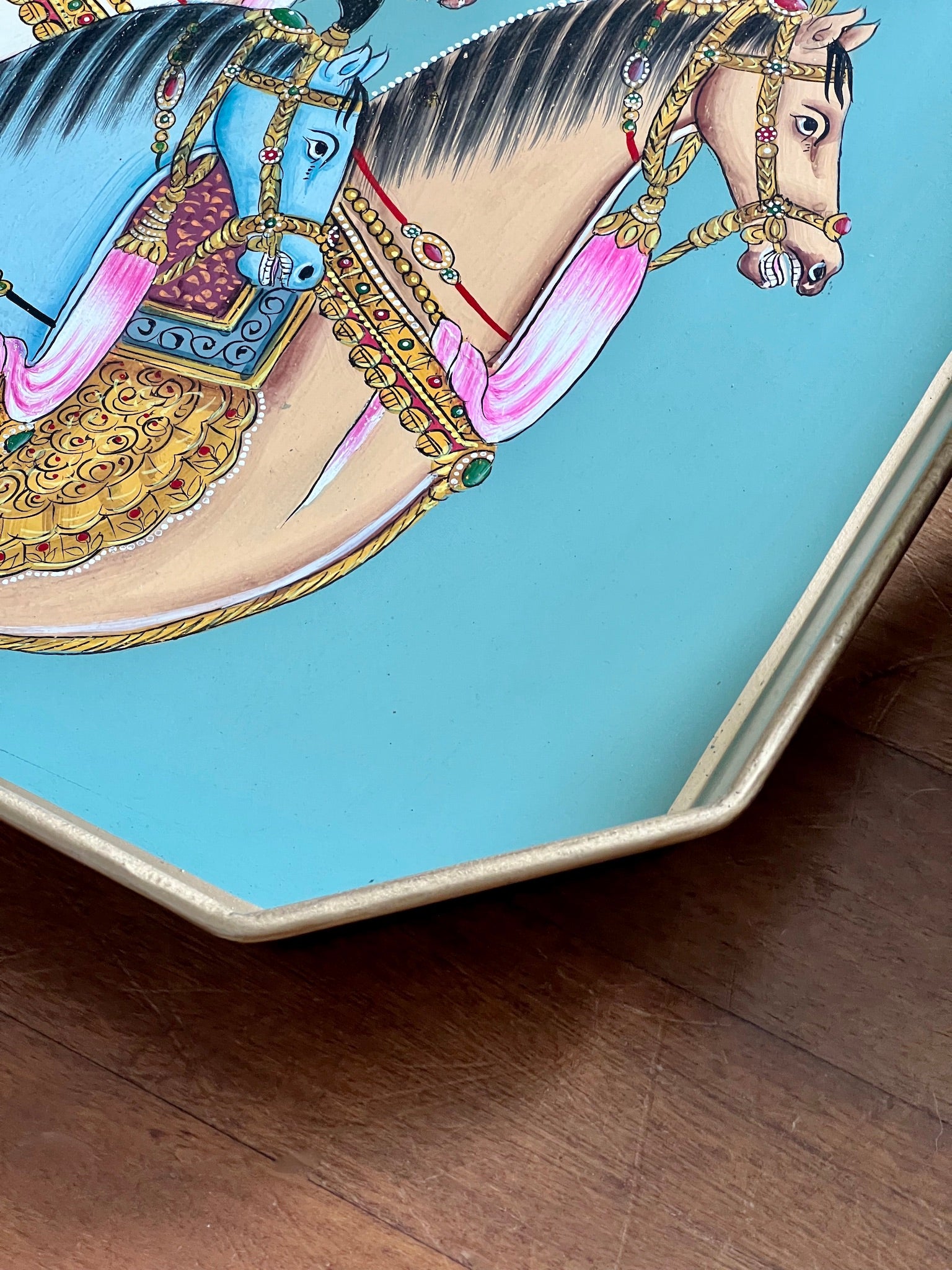 hand-painted tray HORSES, light blue 43x30cm