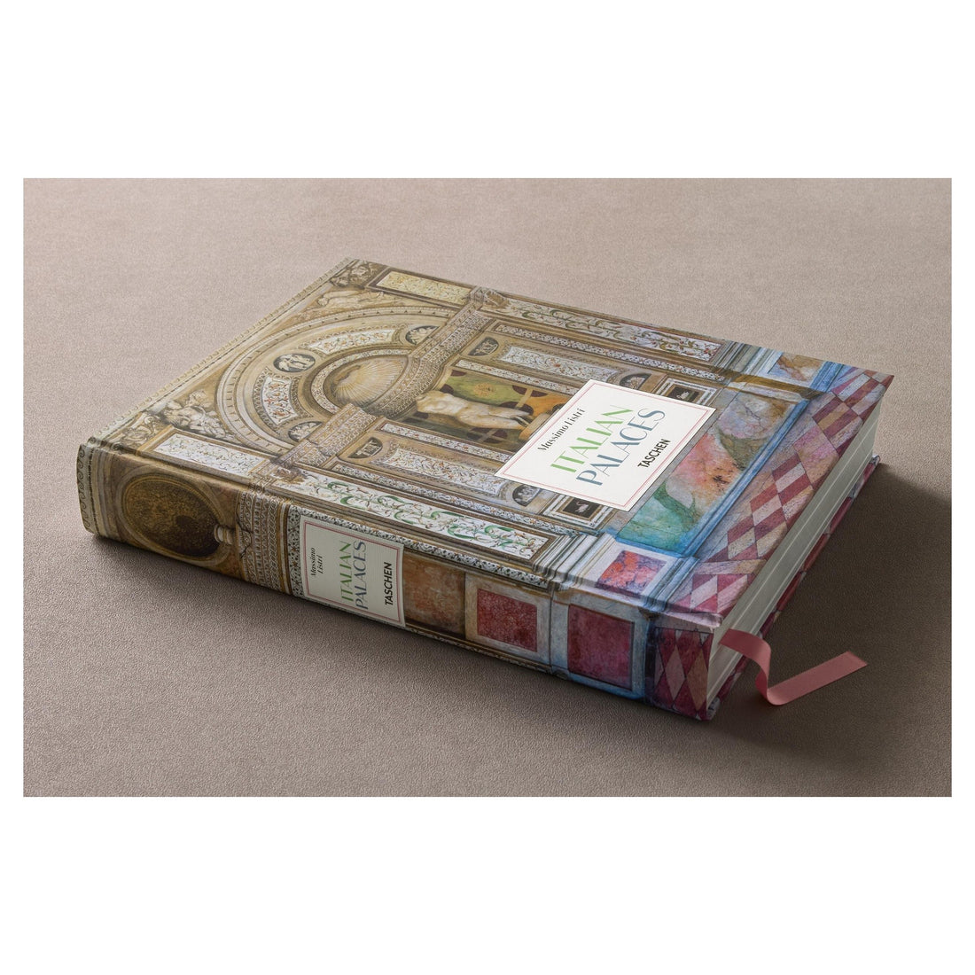 Puristischer Hardcoverband mit italienischen Palastillustrationen in weichen Farben.