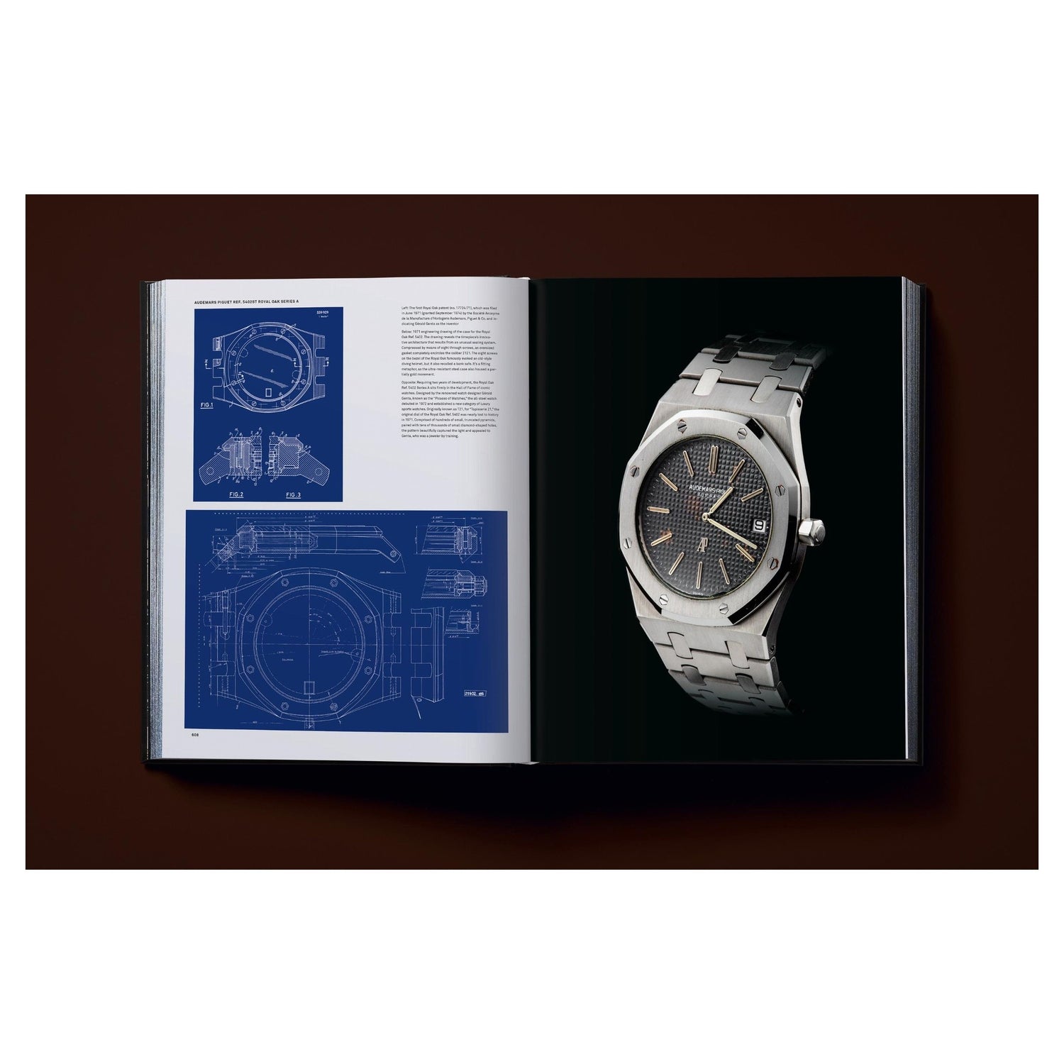 Geöffneter XL-Band mit hochwertigem Fotodruck einer seltenen Vintage-Armbanduhr.