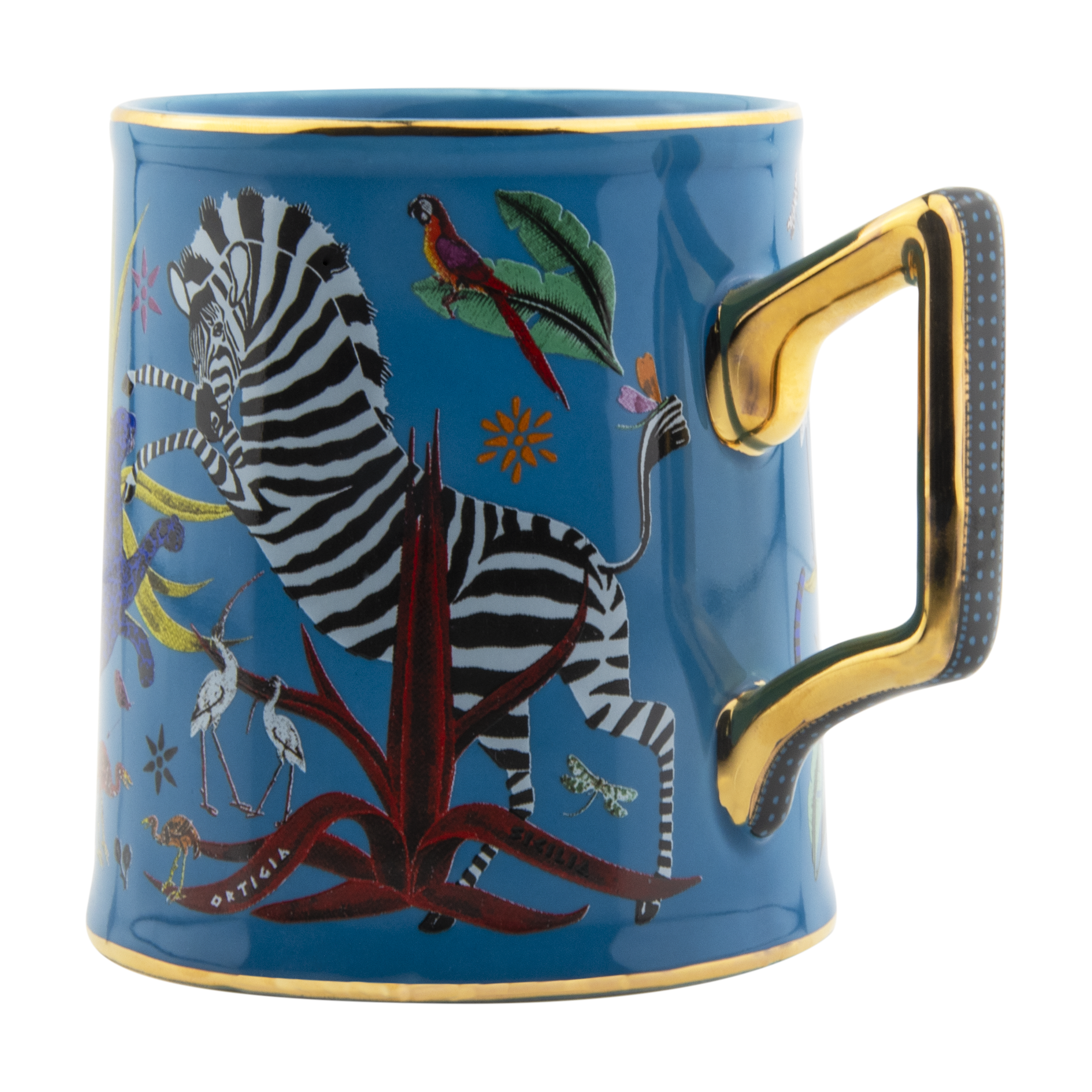 Design-Tasse mit Tier- und Pflanzenmotiven aus Keramik