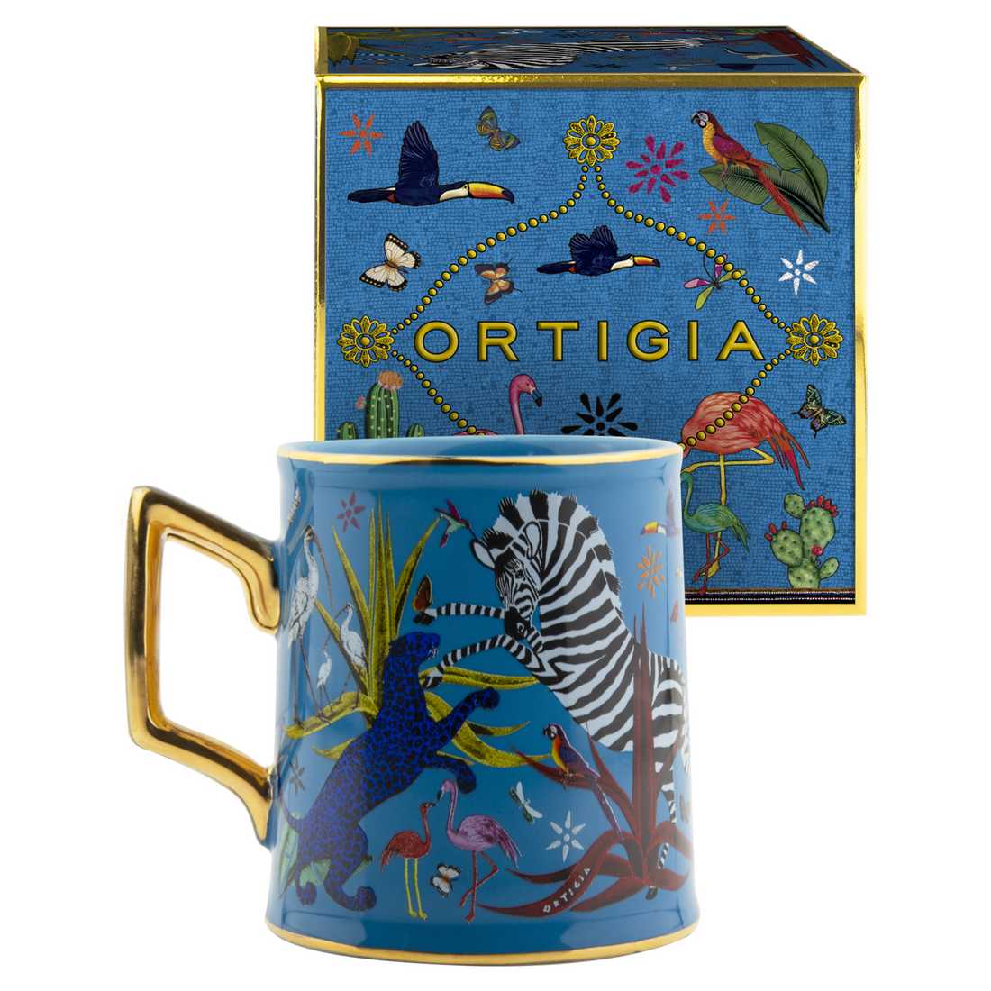 Blaue Keramiktasse mit Zebras, Panther und Pflanzenmotiv