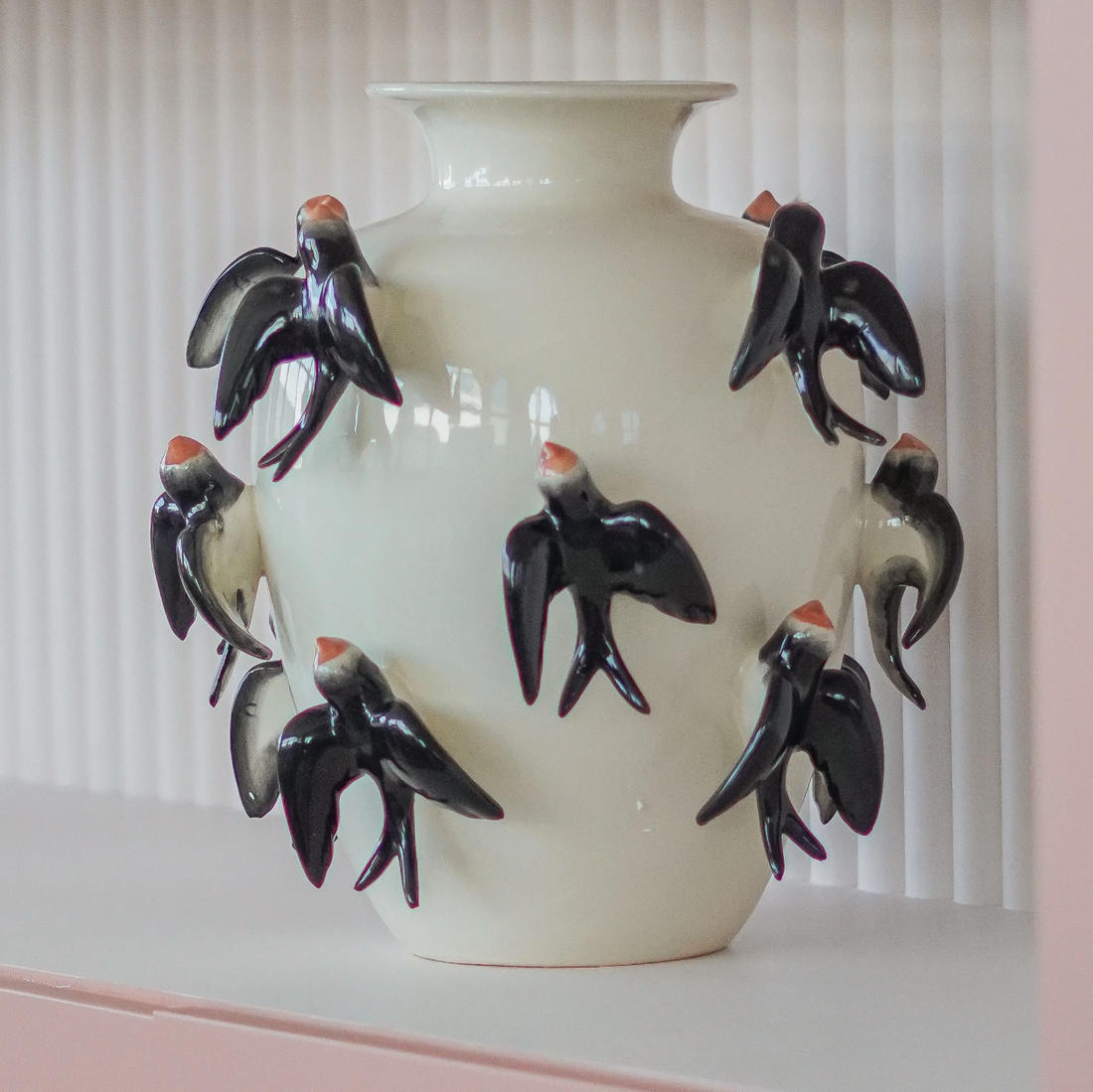 Porcelain Vase Swallows, White Ø 34 x H 35 cm