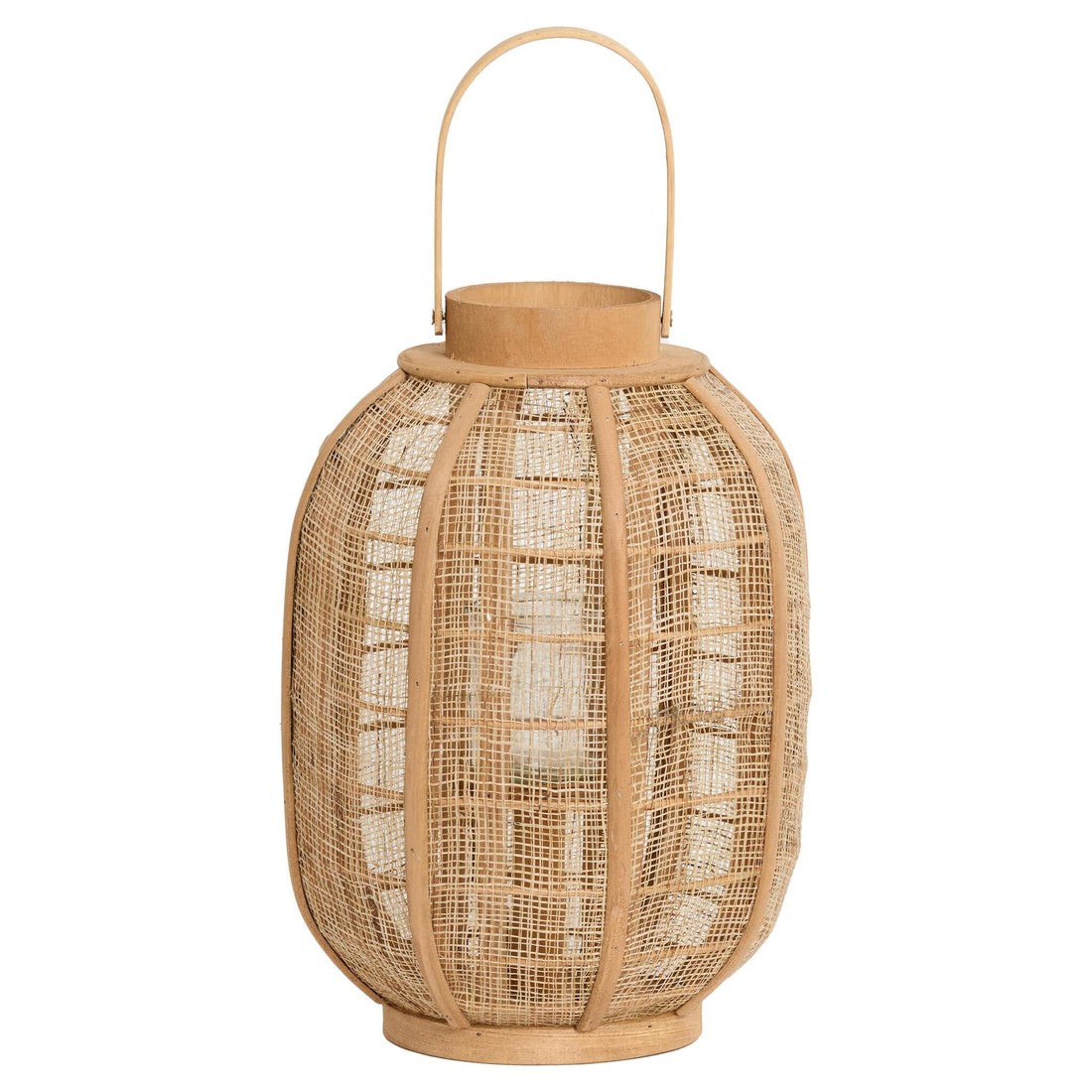 Windlicht aus Raphia und Holz in natürlicher Flechtoptik mit Griff