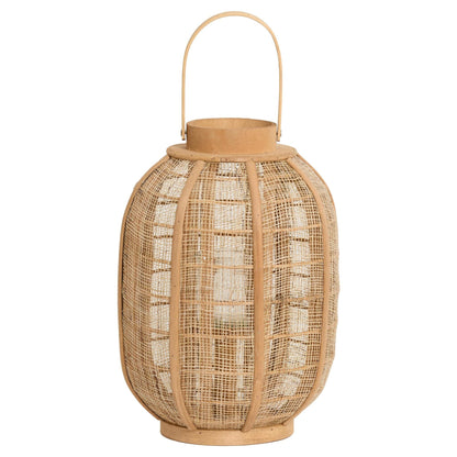 Windlicht aus Raphia und Holz in natürlicher Flechtoptik mit Griff
